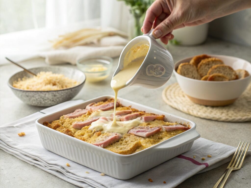  Hands pouring creamy béchamel sauce over chicken cordon bleu casserole layers with ham and Gruyère cheese