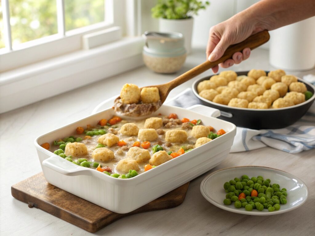 Hands assembling tater tot casserole, spreading creamy beef filling and arranging frozen tater tots on top