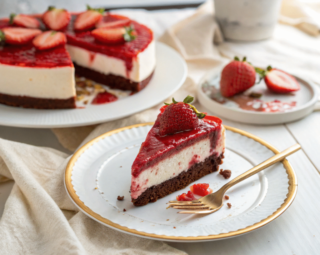 Perfectly plated Strawberry Red Velvet Cheesecake slice - restaurant-quality presentation showcasing all the beautiful layers