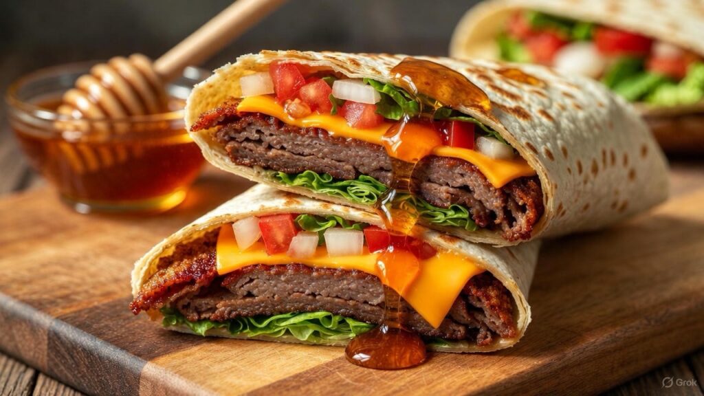hot honey smash burger taco wrap cut in half showing crispy caramelized burger patties melted american cheese shredded lettuce diced tomatoes and golden honey drizzle on wooden board