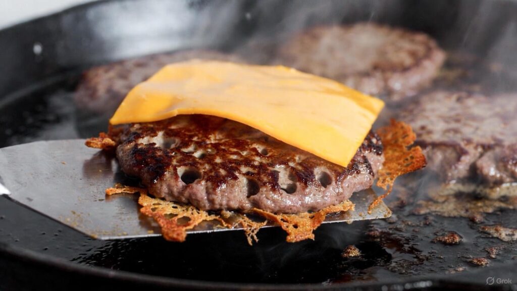 spatula flipping ultra thin smash burger patty revealing perfect caramelized brown crust with crispy lacy edges and american cheese melting on top on cast iron surface
