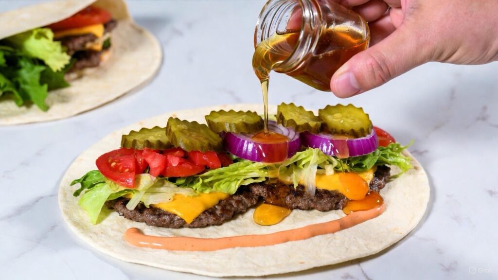 assembling hot honey smash burger taco wrap on flour tortilla with two burger patties melted cheese fresh toppings and golden honey being drizzled over filling overhead view