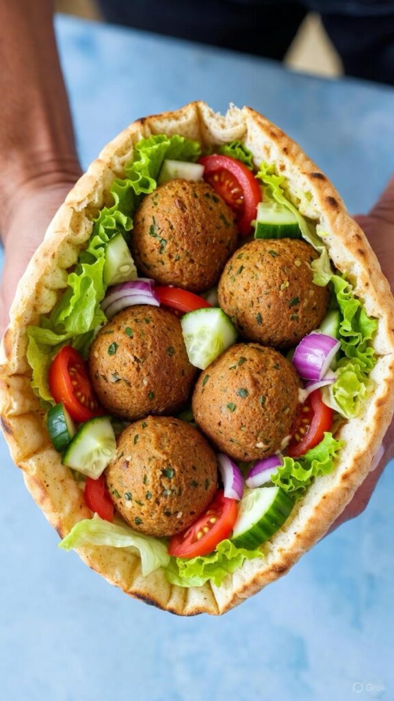 air fryer falafel pita stuffed with crispy golden falafel balls fresh vegetables and tahini sauce held in hands showing colorful cross section healthy mediterranean recipe
