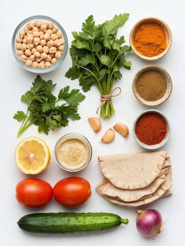 ingredients for air fryer falafel including chickpeas fresh herbs spices tahini paste and vegetables arranged on white background minimalist cooking concept

