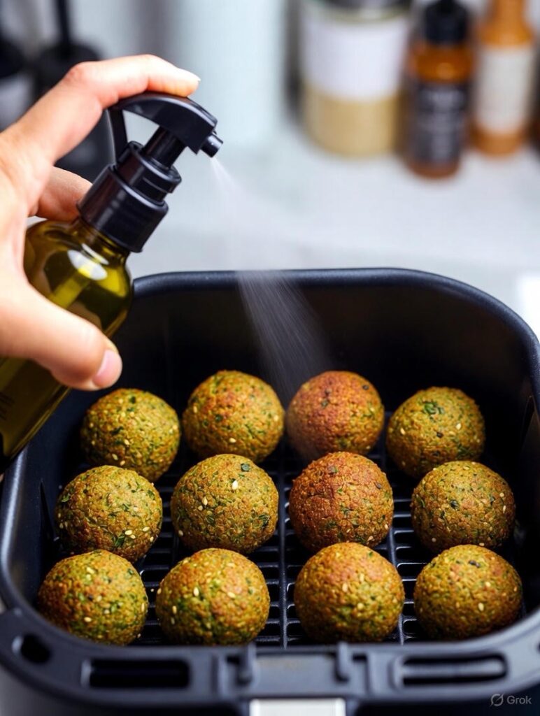 air fryer basket with falafel balls arranged in single layer ready to cook showing proper spacing technique for crispy results healthy cooking method
