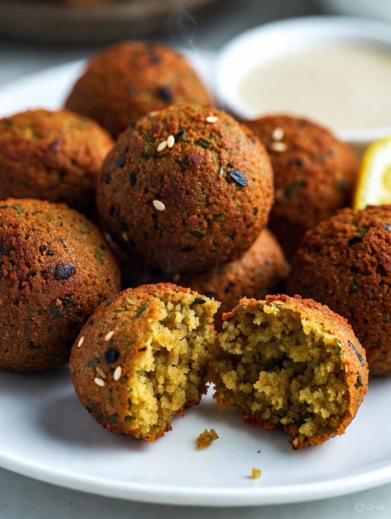 golden crispy air fryer falafel on plate with one broken in half showing fluffy interior and crunchy golden exterior perfect texture healthy chickpea recipe
