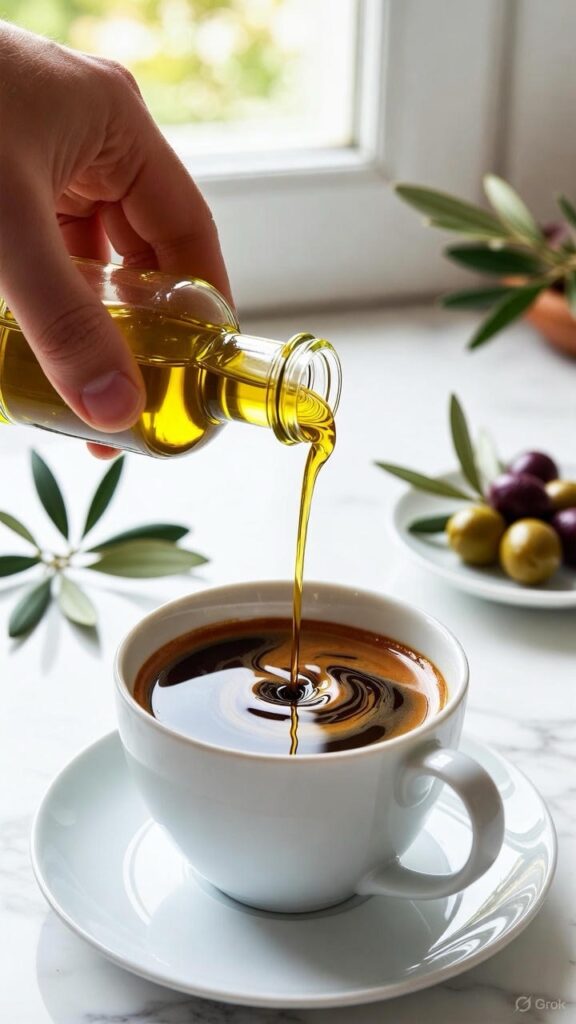 golden extra virgin olive oil being poured into black espresso coffee creating glossy swirl starbucks oleato inspired recipe at home
