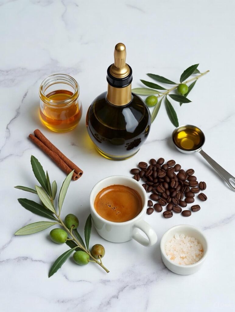 ingredients for olive oil coffee including extra virgin olive oil espresso coffee beans and optional honey on white marble minimalist setup viral trend
