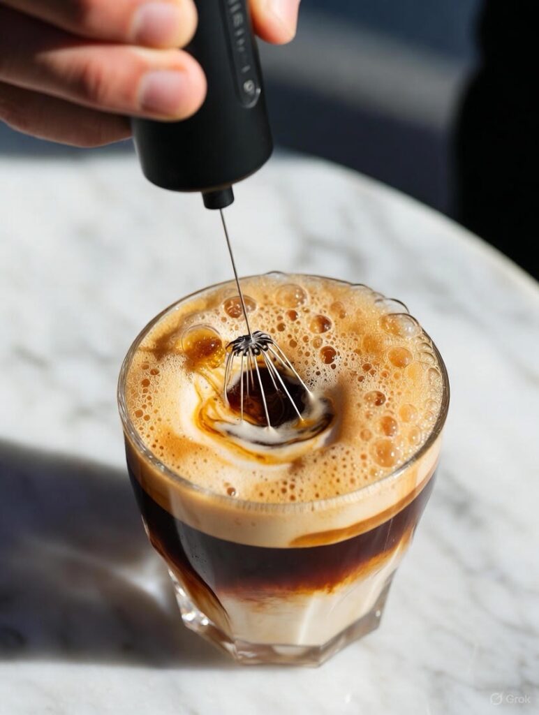 milk frother emulsifying olive oil with espresso coffee creating velvety foam texture technique tutorial for making oleato coffee at home
