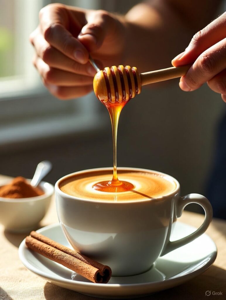 adding honey to olive oil coffee with cinnamon optional enhancements for flavor healthy morning coffee ritual lifestyle wellness drink
