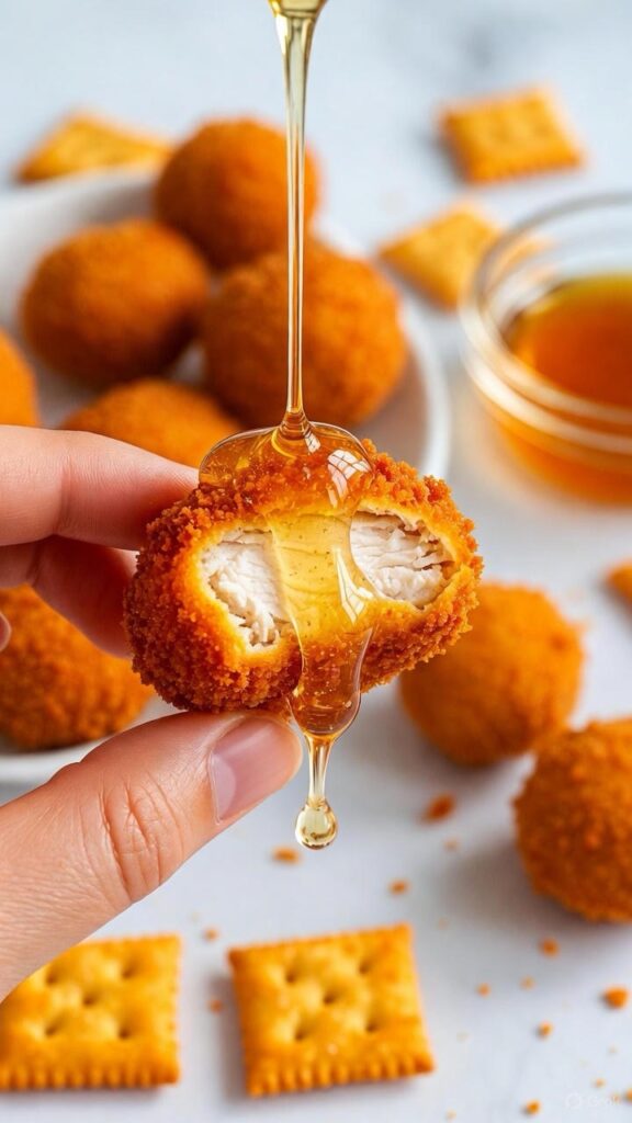 platter of crispy cheez-it chicken bites with hot honey drizzle and ranch dressing for dipping perfect game day appetizer super bowl food