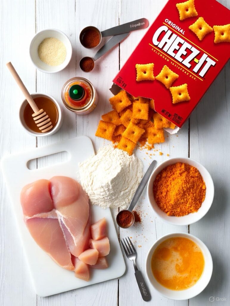 ingredients for cheez-it chicken bites including cheez-it crackers raw chicken honey hot sauce and breading station setup on white table easy recipe