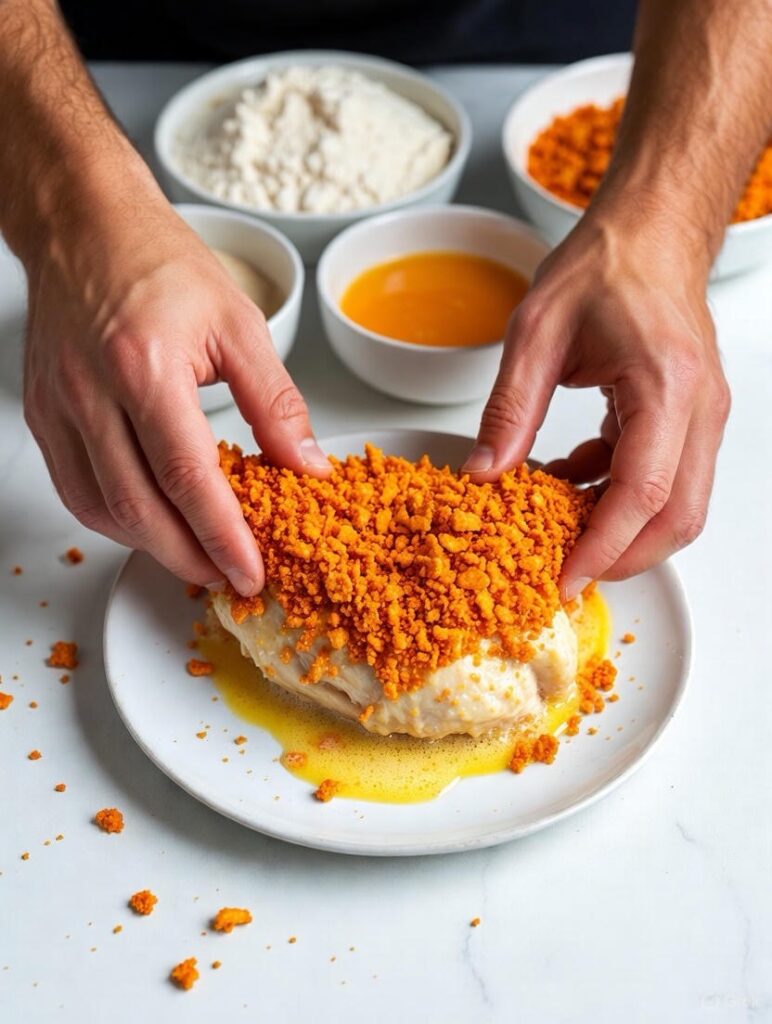 hands coating chicken in crushed orange cheez-it cracker crumbs showing breading technique for crispy chicken bites cooking tutorial step by step
