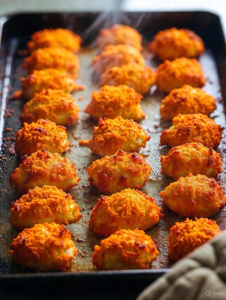 golden baked cheez-it chicken bites fresh from oven on baking sheet showing crispy orange coating perfect doneness game day recipe result