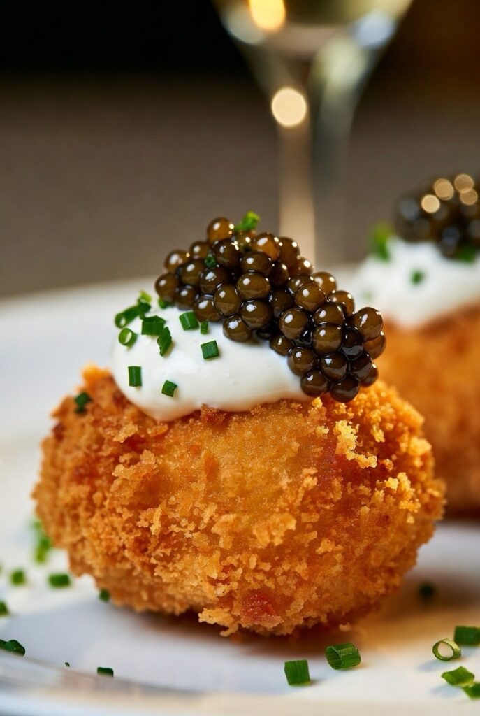 luxury caviar chicken nugget COQODAQ style with black caviar pearls crème fraîche and chives on white plate viral Manhattan restaurant recipe copycat