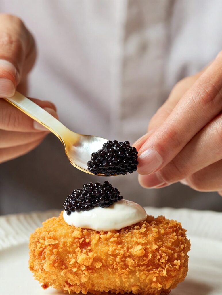 placing black caviar on fried chicken nugget with mother-of-pearl spoon COQODAQ copycat recipe luxury assembly technique signature topping moment