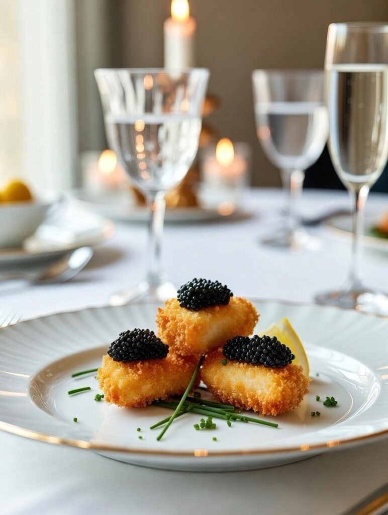 elegantly plated COQODAQ style caviar chicken nuggets on fine china with champagne luxury dining experience at home viral Manhattan restaurant copycat
