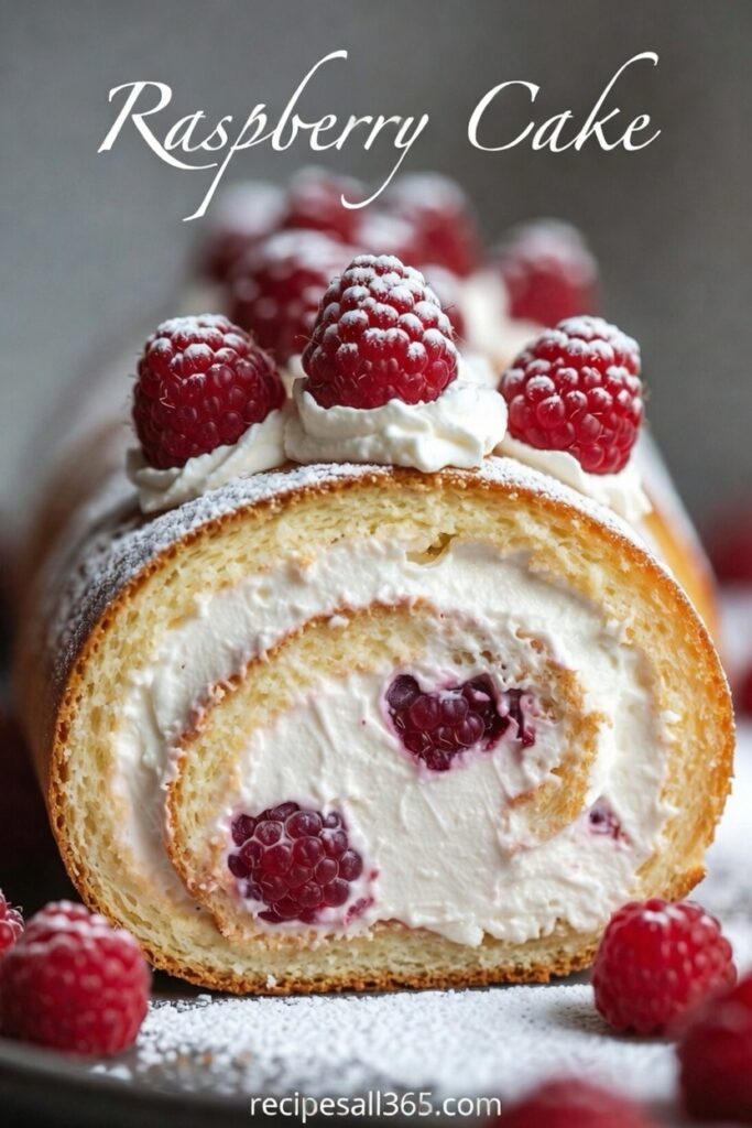 Elegant Raspberry Roll Cake with fresh berries and whipped cream filling - a showstopping dessert that’s easier than it looks!