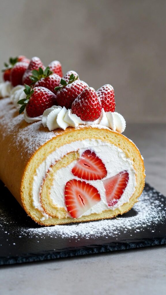 strawberry roll cake sliced showing cross section with spiral layers whipped cream fresh strawberries inside topped with whole berries powdered sugar beautiful dessert