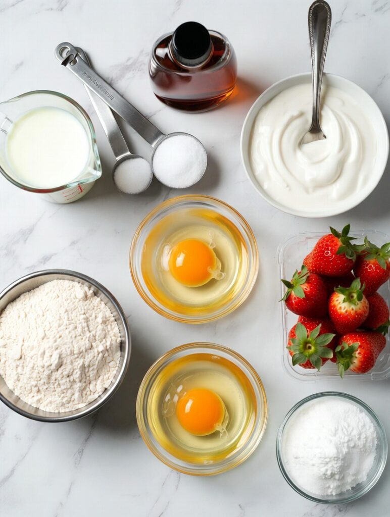 ingredients for strawberry roll cake including eggs flour cream fresh strawberries sugar vanilla arranged on white marble counter baking supplies