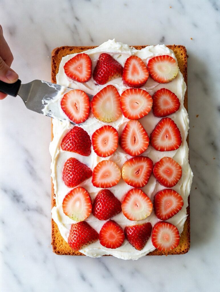 spreading whipped cream on sponge cake and arranging sliced strawberries for roll cake filling assembly technique beautiful dessert preparation tutorial