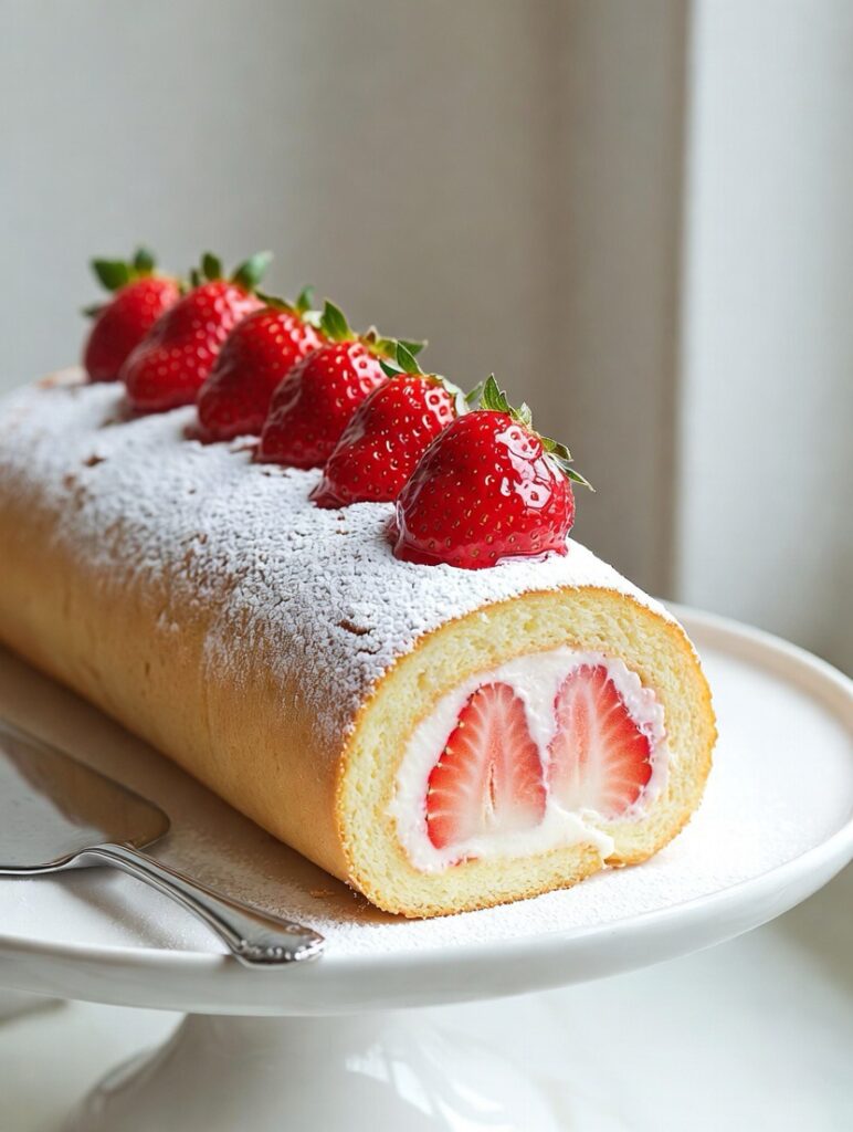 finished strawberry roll cake decorated with fresh strawberries and powdered sugar on cake stand beautiful presentation elegant dessert final result