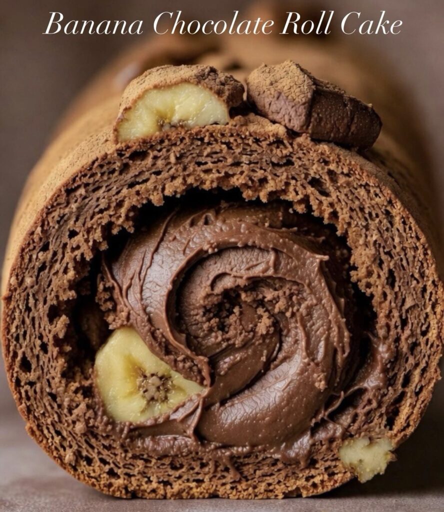 banana chocolate roll cake cross section showing spiral pattern chocolate sponge ganache filling fresh banana slices hypnotic beautiful dessert recipe