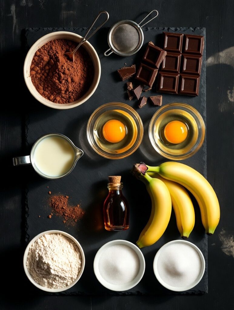 ingredients for banana chocolate roll cake including cocoa powder dark chocolate eggs bananas cream flour arranged dark surface baking supplies chocolate dessert