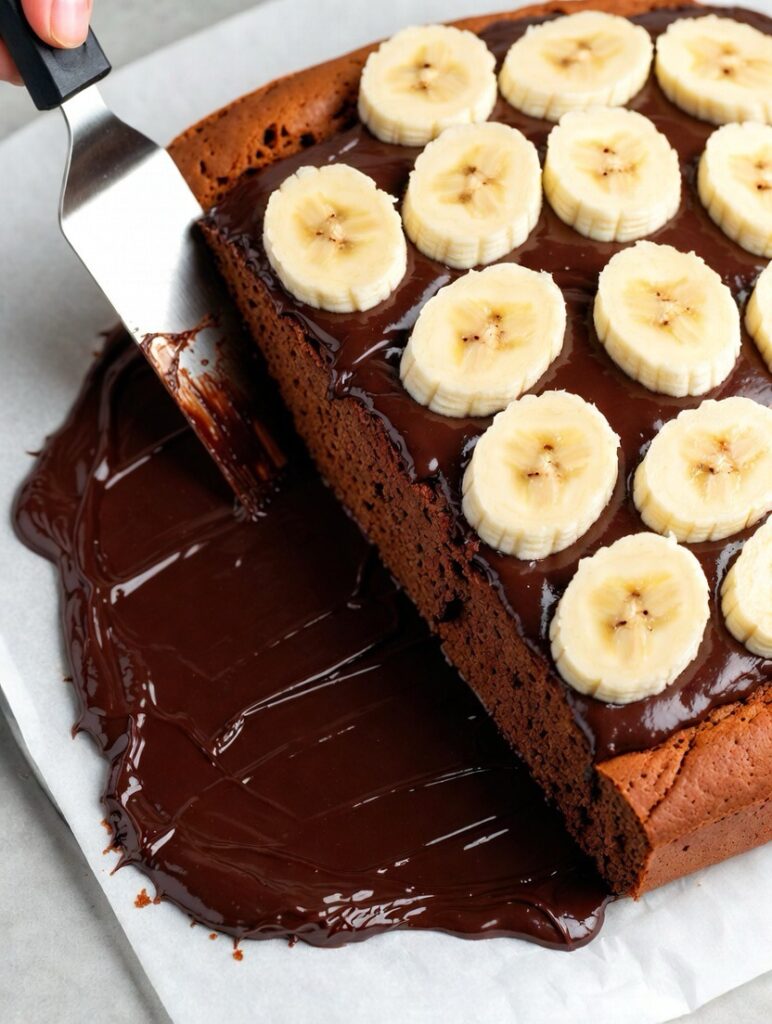 spreading chocolate ganache on chocolate sponge cake arranging fresh banana slices filling assembly banana chocolate roll cake technique tutorial beautiful