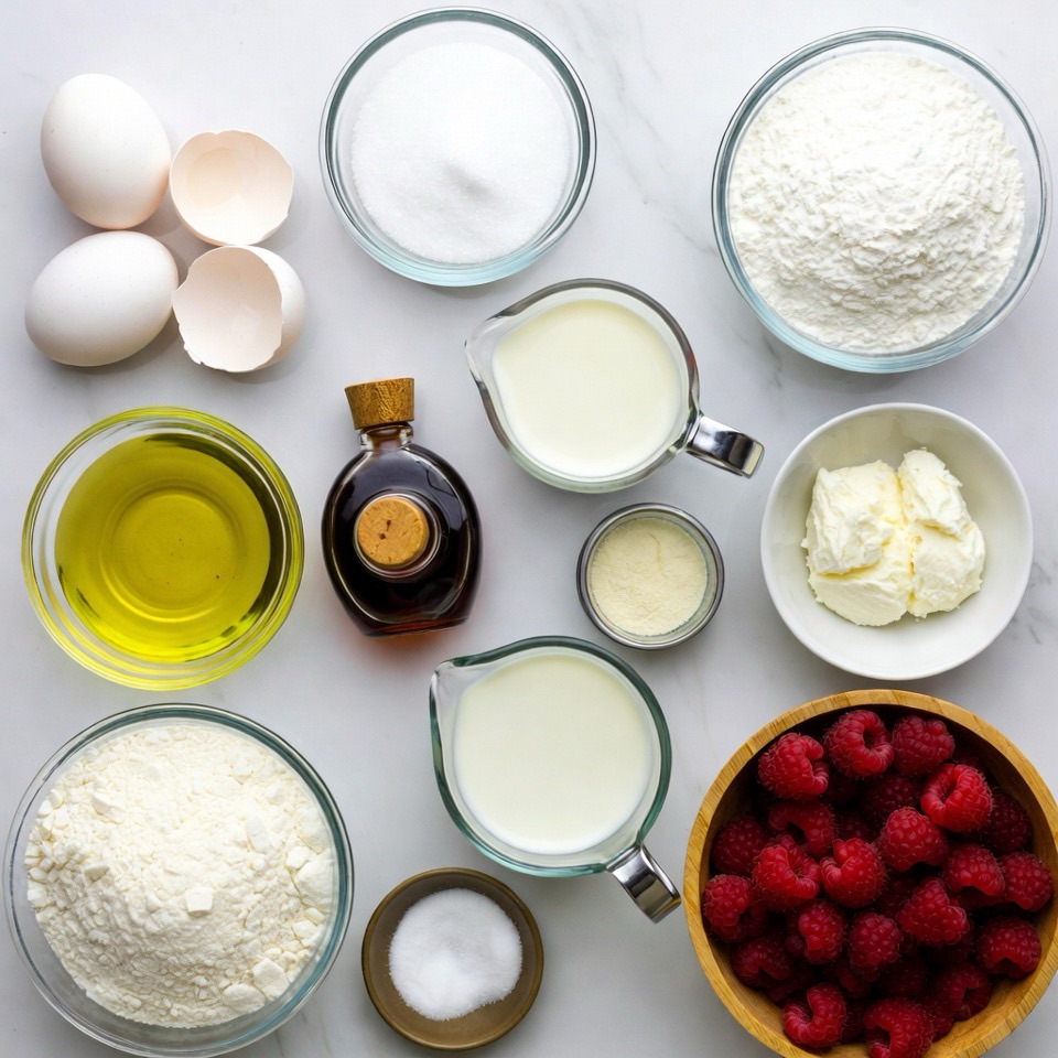Simple, fresh ingredients for the perfect Raspberry Roll Cake - eggs, flour, cream, and fresh raspberries