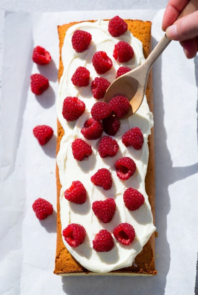 Assembling the roll: spread whipped cream evenly and scatter fresh raspberries for a beautiful spiral