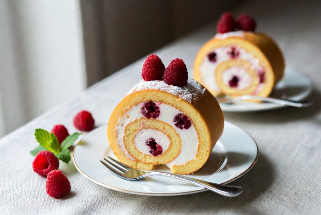 Perfect slices of Raspberry Roll Cake reveal the beautiful spiral pattern - ideal for elegant gatherings