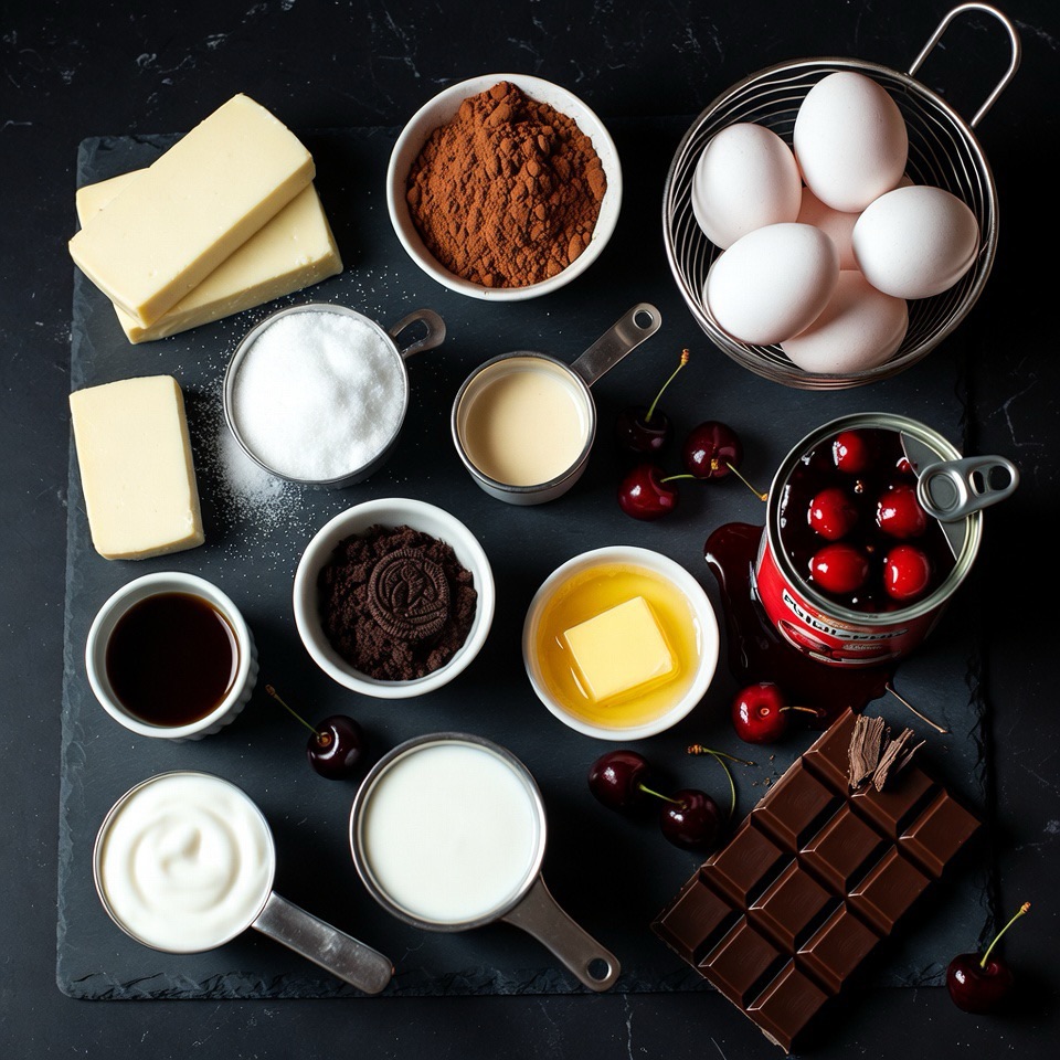 Everything you need for Black Forest Cheesecake: cream cheese, chocolate, cherries, and a few pantry staples