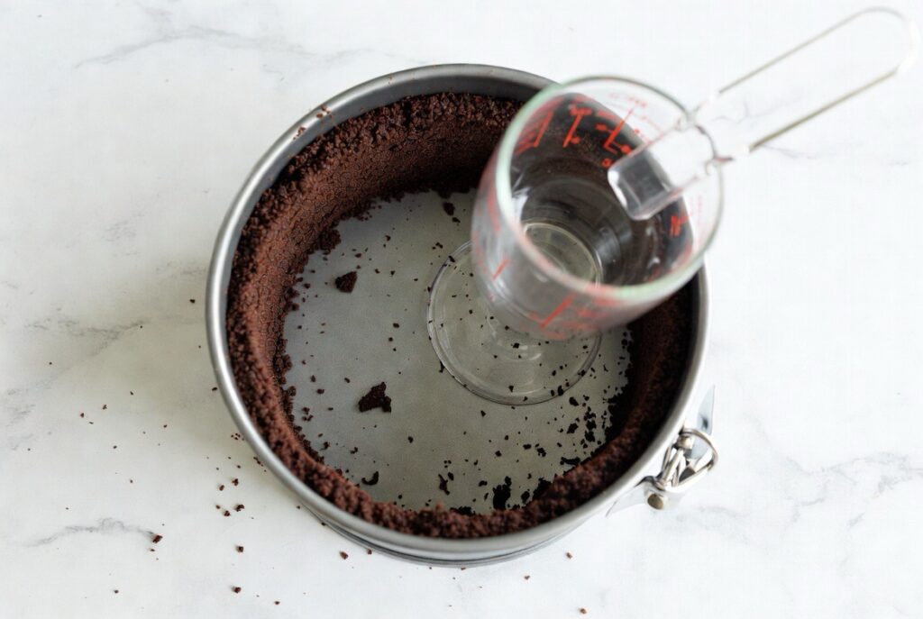 Perfect chocolate cookie crust foundation for Black Forest Cheesecake - pressed evenly for a sturdy base
