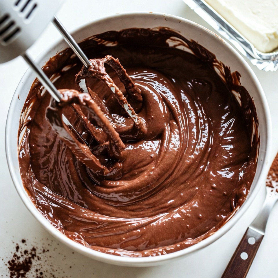 Rich chocolate cheesecake filling - smooth, creamy, and perfectly mixed for the ultimate Black Forest experience