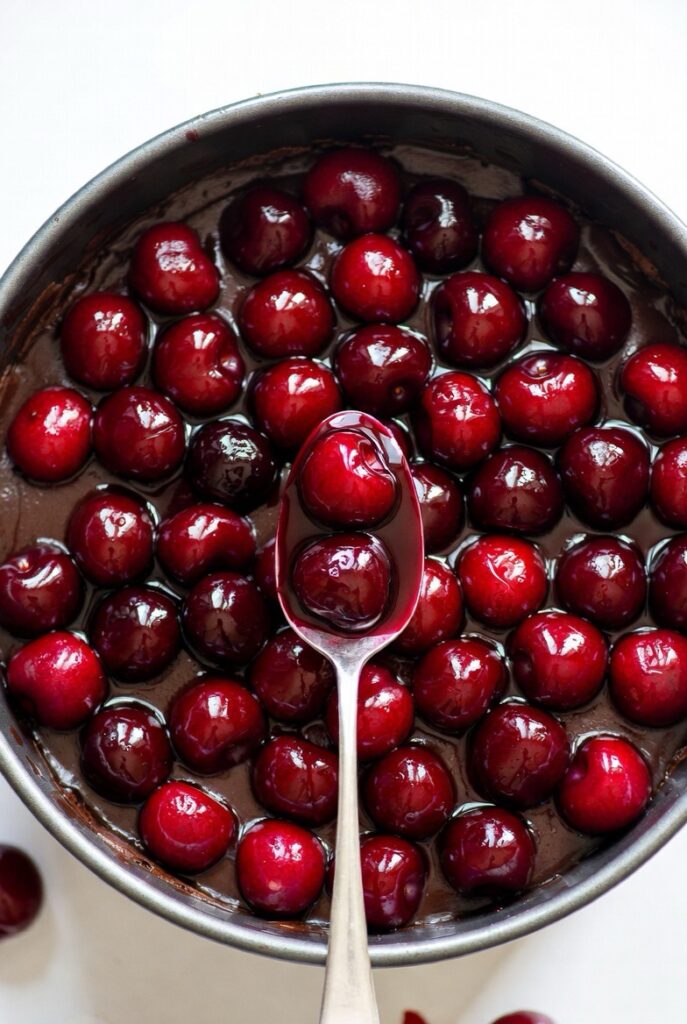 Spooning glossy cherry topping over chocolate cheesecake - the signature Black Forest flavor combination