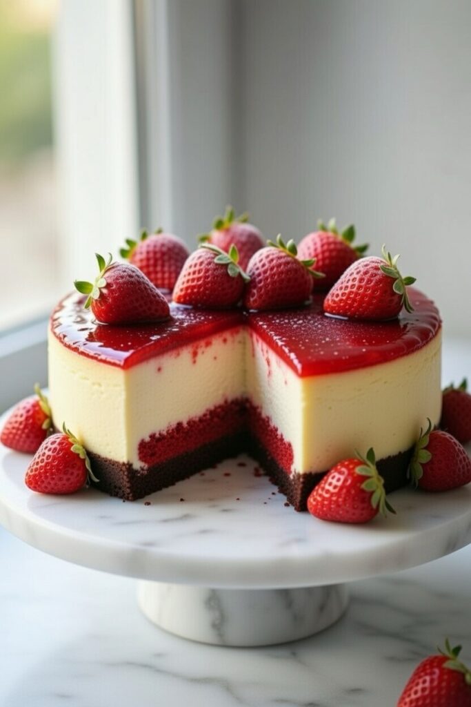 Stunning Strawberry Red Velvet Cheesecake with gorgeous layers - chocolate crust, red velvet cake, creamy cheesecake, and fresh strawberry glaze!
