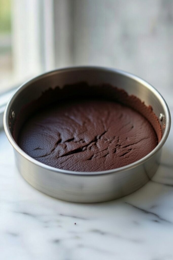 Chocolate cookie crust pressed evenly in springform pan - the perfect foundation for layered red velvet cheesecake