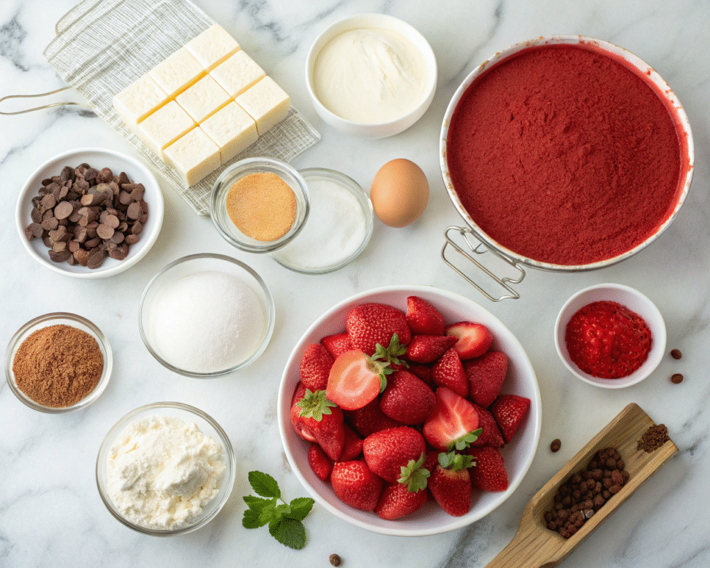 All the ingredients for Strawberry Red Velvet Cheesecake - simple pantry staples plus fresh strawberries and red velvet cake