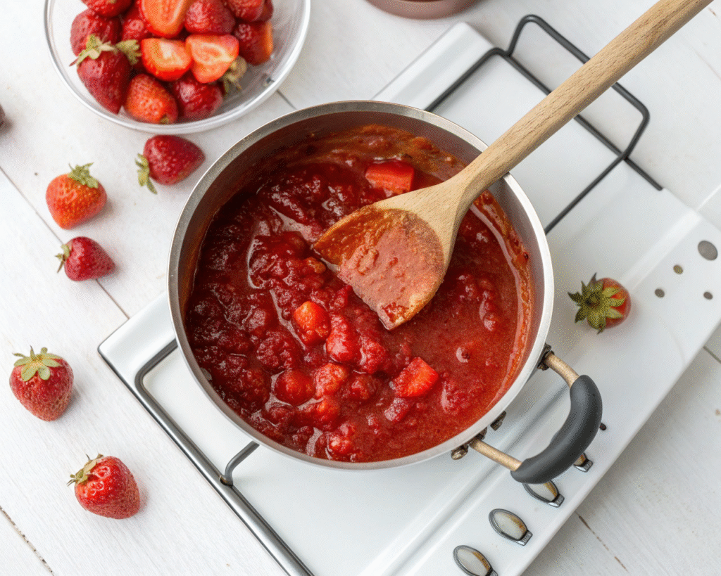 Homemade strawberry glaze simmering to glossy perfection - fresh strawberries, sugar, and lemon juice