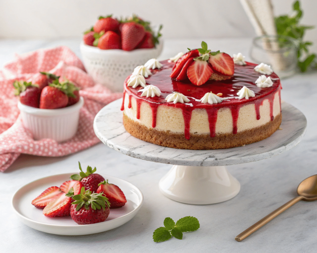 Complete Strawberry Red Velvet Cheesecake with glossy strawberry glaze and fresh berry decoration - absolutely stunning!